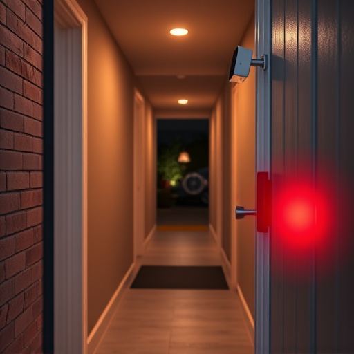 compact wireless doorbell at urban entry,emergency alert system inside hallway,apartment entry secured with bolt lock,doorbell camera recording visitor at night,night vision security camera watching driveway,flashing red home security alert light at night