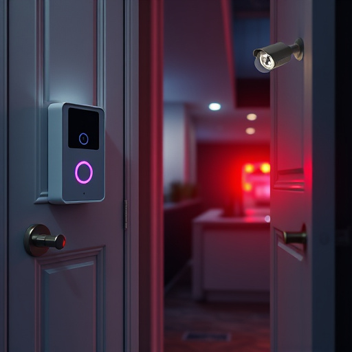 compact wireless doorbell at urban entry,emergency alert system inside hallway,apartment entry secured with bolt lock,doorbell camera recording visitor at night,night vision security camera watching driveway,flashing red home security alert light at night