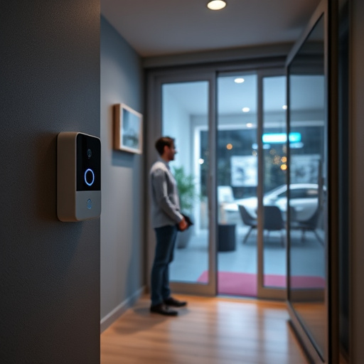 compact wireless doorbell at urban entry,doorbell camera recording visitor at night,emergency alert system inside hallway,connected smart home with multiple sensors,ai security camera scanning for movement,glass break sensor on sliding door