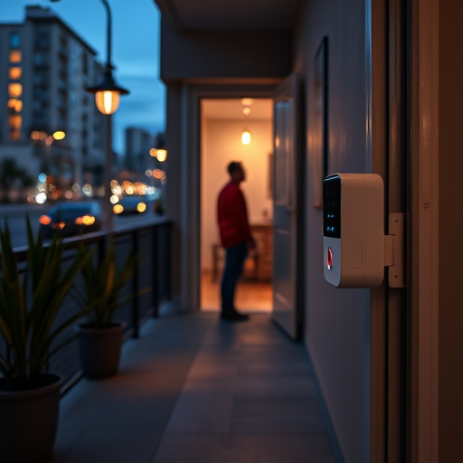 compact wireless doorbell at urban entry,doorbell camera recording visitor at night,emergency alert system inside hallway,connected smart home with multiple sensors,ai security camera scanning for movement,glass break sensor on sliding door