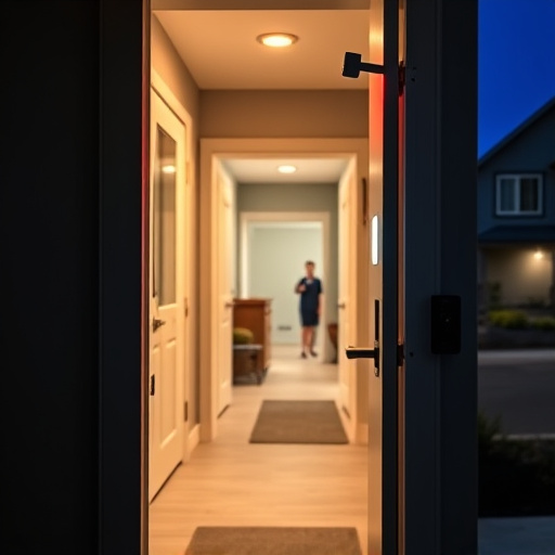 compact wireless doorbell at urban entry,emergency alert system inside hallway,apartment entry secured with bolt lock,doorbell camera recording visitor at night,night vision security camera watching driveway,flashing red home security alert light at night