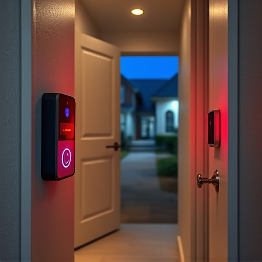 compact wireless doorbell at urban entry,emergency alert system inside hallway,apartment entry secured with bolt lock,doorbell camera recording visitor at night,night vision security camera watching driveway,flashing red home security alert light at night