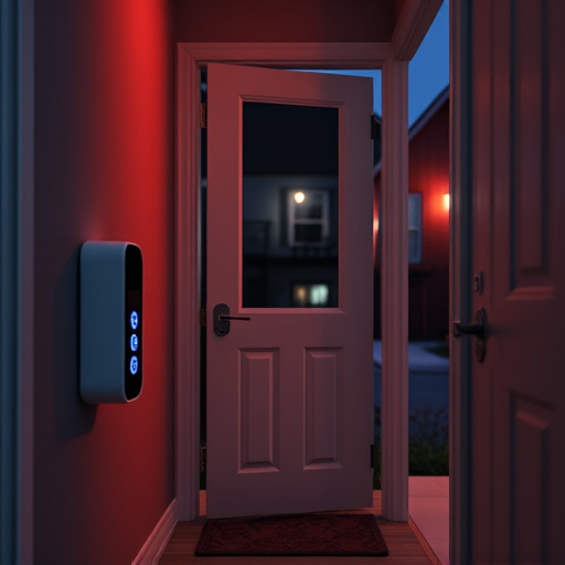 compact wireless doorbell at urban entry,emergency alert system inside hallway,apartment entry secured with bolt lock,doorbell camera recording visitor at night,night vision security camera watching driveway,flashing red home security alert light at night