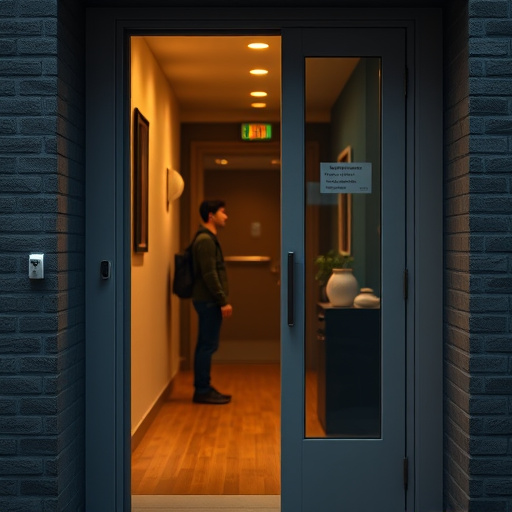 compact wireless doorbell at urban entry,doorbell camera recording visitor at night,emergency alert system inside hallway,connected smart home with multiple sensors,ai security camera scanning for movement,glass break sensor on sliding door