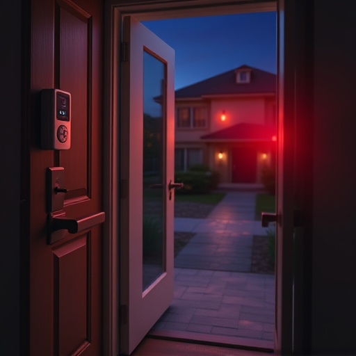 compact wireless doorbell at urban entry,emergency alert system inside hallway,apartment entry secured with bolt lock,doorbell camera recording visitor at night,night vision security camera watching driveway,flashing red home security alert light at night