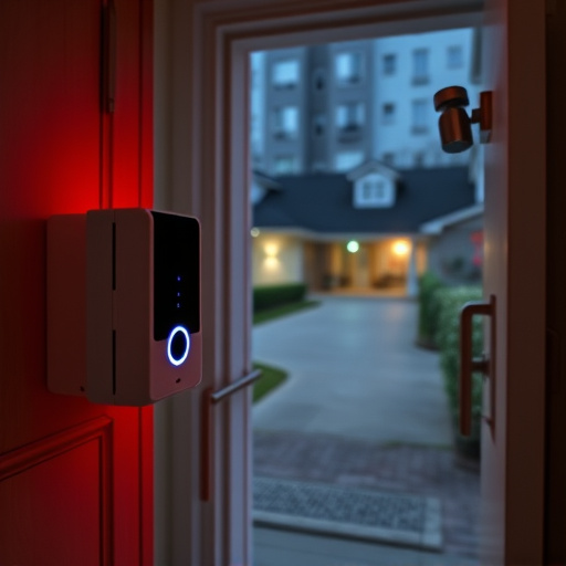 compact wireless doorbell at urban entry,emergency alert system inside hallway,apartment entry secured with bolt lock,doorbell camera recording visitor at night,night vision security camera watching driveway,flashing red home security alert light at night