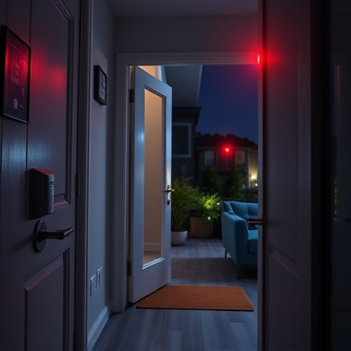 compact wireless doorbell at urban entry,emergency alert system inside hallway,apartment entry secured with bolt lock,doorbell camera recording visitor at night,night vision security camera watching driveway,flashing red home security alert light at night