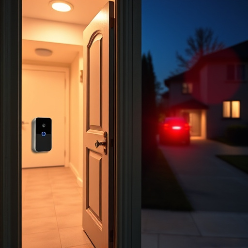 compact wireless doorbell at urban entry,emergency alert system inside hallway,apartment entry secured with bolt lock,doorbell camera recording visitor at night,night vision security camera watching driveway,flashing red home security alert light at night