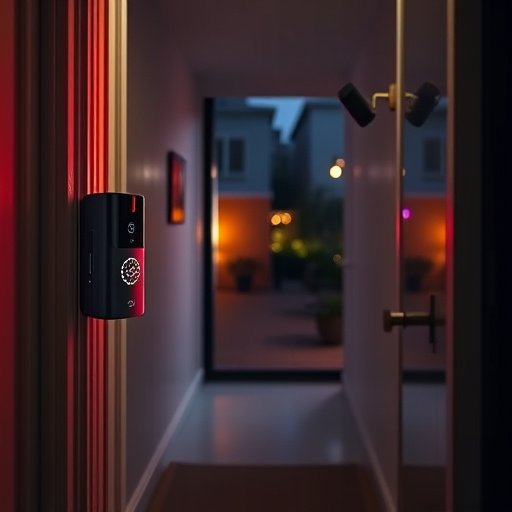 compact wireless doorbell at urban entry,emergency alert system inside hallway,apartment entry secured with bolt lock,doorbell camera recording visitor at night,night vision security camera watching driveway,flashing red home security alert light at night