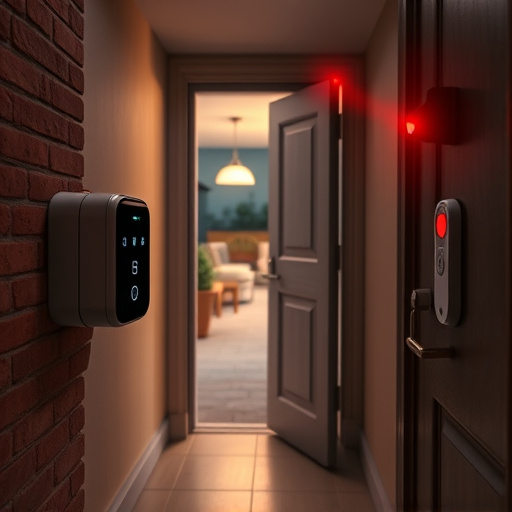 compact wireless doorbell at urban entry,emergency alert system inside hallway,apartment entry secured with bolt lock,doorbell camera recording visitor at night,night vision security camera watching driveway,flashing red home security alert light at night