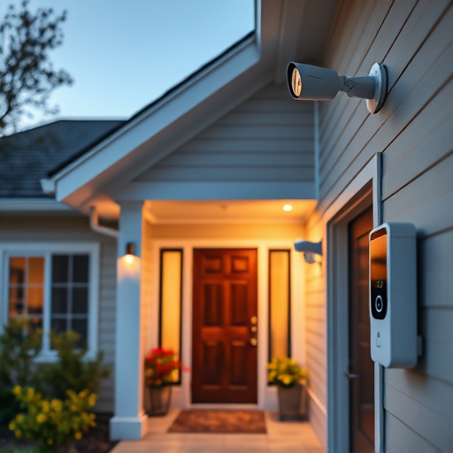 connected smart home with multiple sensors,ai security camera scanning for movement,motion-activated surveillance camera under roof eaves,compact wireless doorbell at urban entry,smart video doorbell on suburban porch
