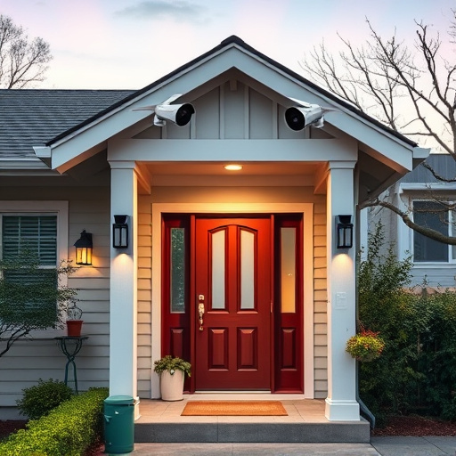 connected smart home with multiple sensors,ai security camera scanning for movement,motion-activated surveillance camera under roof eaves,compact wireless doorbell at urban entry,smart video doorbell on suburban porch