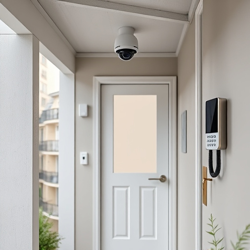 connected smart home with multiple sensors,compact wireless doorbell at urban entry,emergency alert system inside hallway,motion-activated surveillance camera under roof eaves,security keypad on modern apartment wall,smart video doorbell on suburban porch