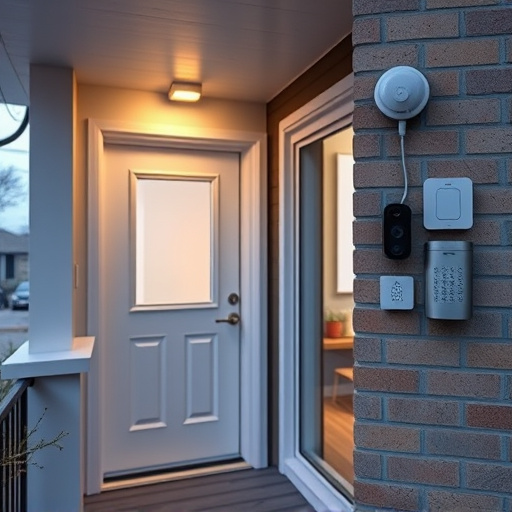 connected smart home with multiple sensors,compact wireless doorbell at urban entry,emergency alert system inside hallway,motion-activated surveillance camera under roof eaves,security keypad on modern apartment wall,smart video doorbell on suburban porch
