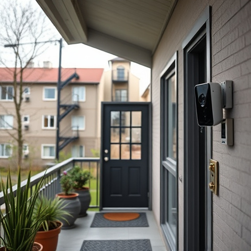 connected smart home with multiple sensors,compact wireless doorbell at urban entry,emergency alert system inside hallway,motion-activated surveillance camera under roof eaves,security keypad on modern apartment wall,smart video doorbell on suburban porch