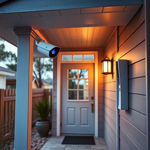 connected smart home with multiple sensors,ai security camera scanning for movement,motion-activated surveillance camera under roof eaves,compact wireless doorbell at urban entry,smart video doorbell on suburban porch