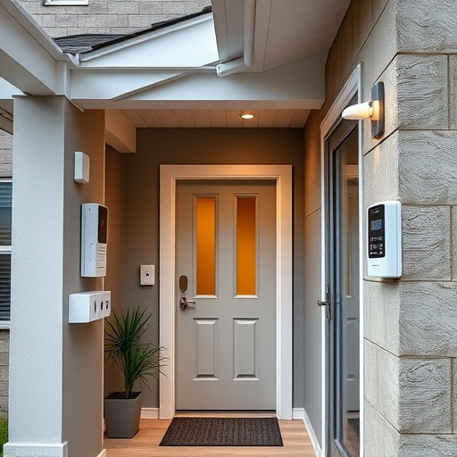 connected smart home with multiple sensors,compact wireless doorbell at urban entry,emergency alert system inside hallway,motion-activated surveillance camera under roof eaves,security keypad on modern apartment wall,smart video doorbell on suburban porch