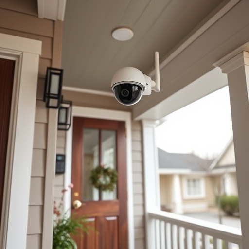 connected smart home with multiple sensors,ai security camera scanning for movement,motion-activated surveillance camera under roof eaves,compact wireless doorbell at urban entry,smart video doorbell on suburban porch