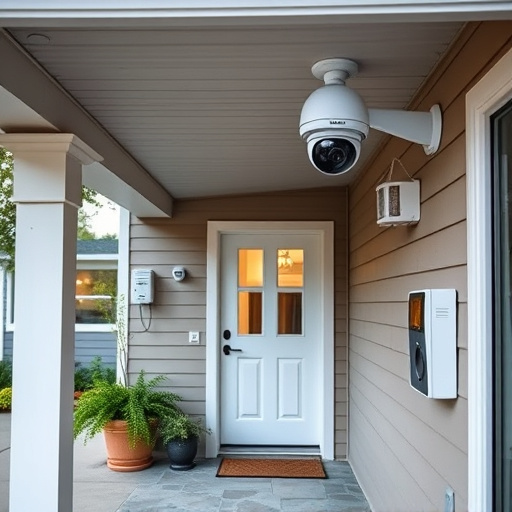 connected smart home with multiple sensors,ai security camera scanning for movement,motion-activated surveillance camera under roof eaves,compact wireless doorbell at urban entry,smart video doorbell on suburban porch