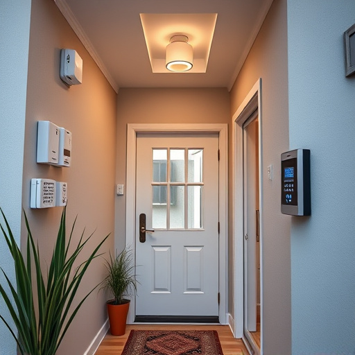 connected smart home with multiple sensors,compact wireless doorbell at urban entry,emergency alert system inside hallway,motion-activated surveillance camera under roof eaves,security keypad on modern apartment wall,smart video doorbell on suburban porch