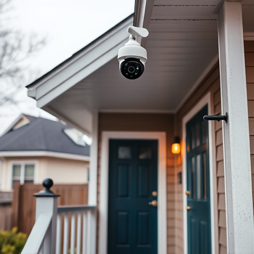 connected smart home with multiple sensors,ai security camera scanning for movement,motion-activated surveillance camera under roof eaves,compact wireless doorbell at urban entry,smart video doorbell on suburban porch