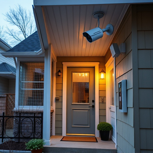 connected smart home with multiple sensors,ai security camera scanning for movement,motion-activated surveillance camera under roof eaves,compact wireless doorbell at urban entry,smart video doorbell on suburban porch