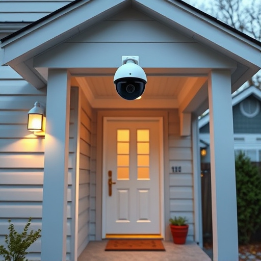 connected smart home with multiple sensors,ai security camera scanning for movement,motion-activated surveillance camera under roof eaves,compact wireless doorbell at urban entry,smart video doorbell on suburban porch