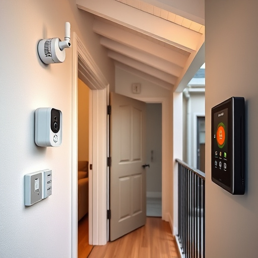 connected smart home with multiple sensors,compact wireless doorbell at urban entry,emergency alert system inside hallway,motion-activated surveillance camera under roof eaves,security keypad on modern apartment wall,smart video doorbell on suburban porch