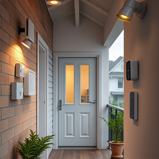 connected smart home with multiple sensors,compact wireless doorbell at urban entry,emergency alert system inside hallway,motion-activated surveillance camera under roof eaves,security keypad on modern apartment wall,smart video doorbell on suburban porch
