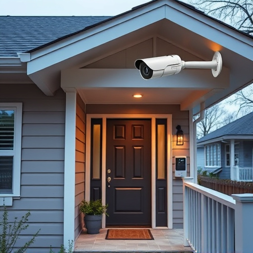 connected smart home with multiple sensors,ai security camera scanning for movement,motion-activated surveillance camera under roof eaves,compact wireless doorbell at urban entry,smart video doorbell on suburban porch