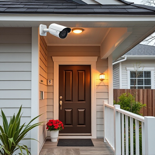 connected smart home with multiple sensors,ai security camera scanning for movement,motion-activated surveillance camera under roof eaves,compact wireless doorbell at urban entry,smart video doorbell on suburban porch