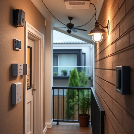 connected smart home with multiple sensors,compact wireless doorbell at urban entry,emergency alert system inside hallway,motion-activated surveillance camera under roof eaves,security keypad on modern apartment wall,smart video doorbell on suburban porch