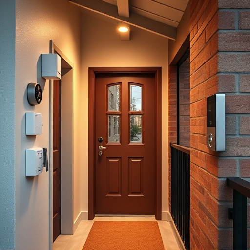 connected smart home with multiple sensors,compact wireless doorbell at urban entry,emergency alert system inside hallway,motion-activated surveillance camera under roof eaves,security keypad on modern apartment wall,smart video doorbell on suburban porch