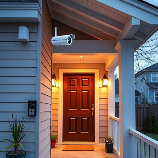 connected smart home with multiple sensors,ai security camera scanning for movement,motion-activated surveillance camera under roof eaves,compact wireless doorbell at urban entry,smart video doorbell on suburban porch