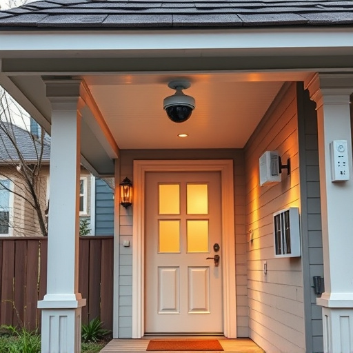 connected smart home with multiple sensors,ai security camera scanning for movement,motion-activated surveillance camera under roof eaves,compact wireless doorbell at urban entry,smart video doorbell on suburban porch