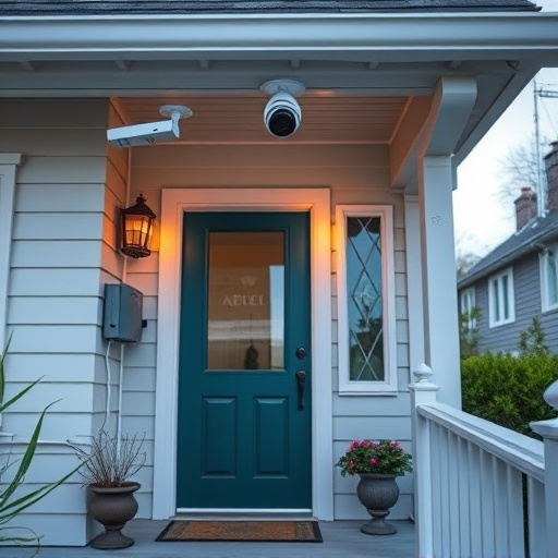 connected smart home with multiple sensors,ai security camera scanning for movement,motion-activated surveillance camera under roof eaves,compact wireless doorbell at urban entry,smart video doorbell on suburban porch