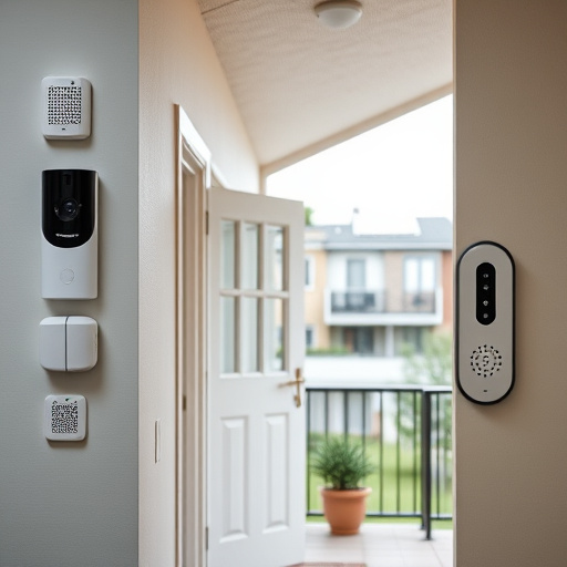 connected smart home with multiple sensors,compact wireless doorbell at urban entry,emergency alert system inside hallway,motion-activated surveillance camera under roof eaves,security keypad on modern apartment wall,smart video doorbell on suburban porch