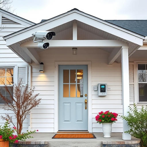 connected smart home with multiple sensors,ai security camera scanning for movement,motion-activated surveillance camera under roof eaves,compact wireless doorbell at urban entry,smart video doorbell on suburban porch