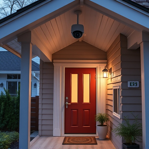 connected smart home with multiple sensors,ai security camera scanning for movement,motion-activated surveillance camera under roof eaves,compact wireless doorbell at urban entry,smart video doorbell on suburban porch
