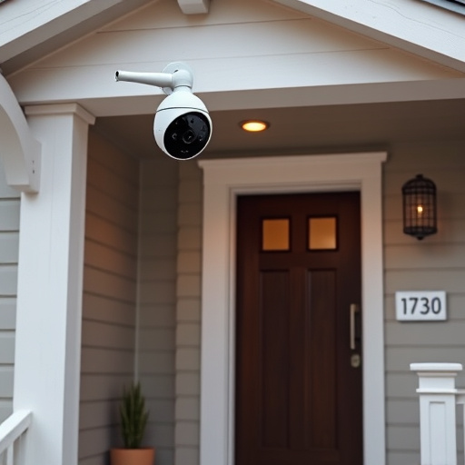 connected smart home with multiple sensors,ai security camera scanning for movement,motion-activated surveillance camera under roof eaves,compact wireless doorbell at urban entry,smart video doorbell on suburban porch