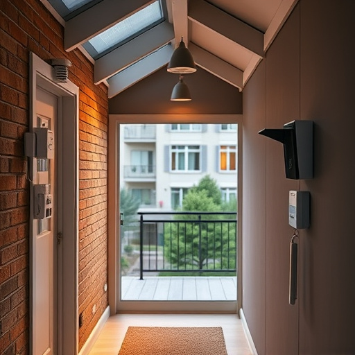 connected smart home with multiple sensors,compact wireless doorbell at urban entry,emergency alert system inside hallway,motion-activated surveillance camera under roof eaves,security keypad on modern apartment wall,smart video doorbell on suburban porch