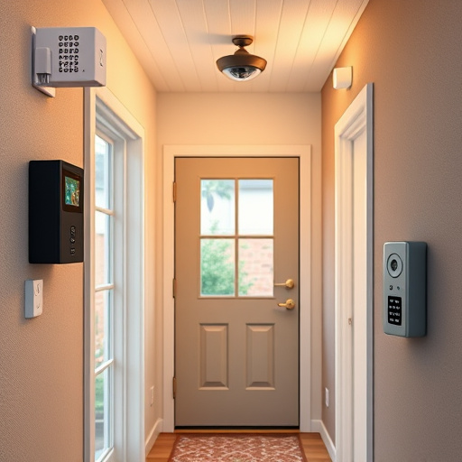 connected smart home with multiple sensors,compact wireless doorbell at urban entry,emergency alert system inside hallway,motion-activated surveillance camera under roof eaves,security keypad on modern apartment wall,smart video doorbell on suburban porch