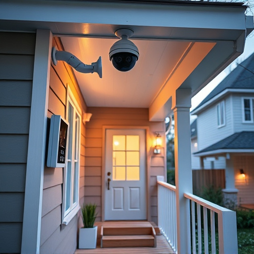 connected smart home with multiple sensors,ai security camera scanning for movement,motion-activated surveillance camera under roof eaves,compact wireless doorbell at urban entry,smart video doorbell on suburban porch