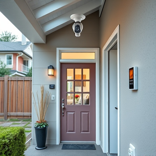 connected smart home with multiple sensors,compact wireless doorbell at urban entry,emergency alert system inside hallway,motion-activated surveillance camera under roof eaves,security keypad on modern apartment wall,smart video doorbell on suburban porch