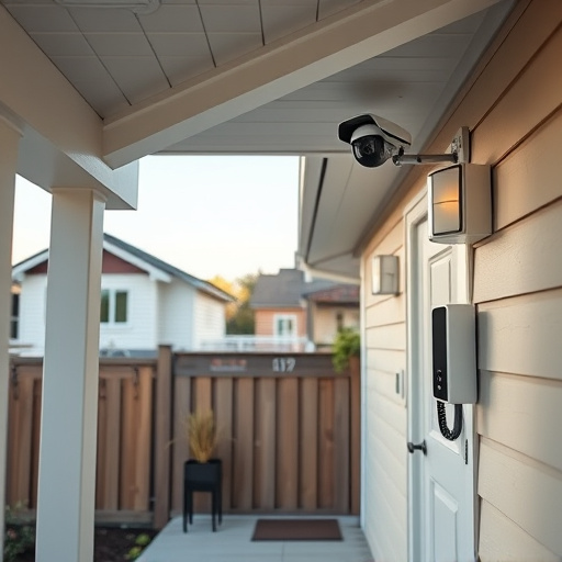connected smart home with multiple sensors,ai security camera scanning for movement,motion-activated surveillance camera under roof eaves,compact wireless doorbell at urban entry,smart video doorbell on suburban porch
