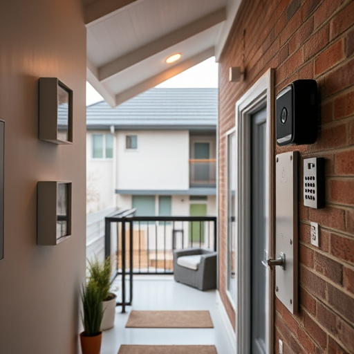 connected smart home with multiple sensors,compact wireless doorbell at urban entry,emergency alert system inside hallway,motion-activated surveillance camera under roof eaves,security keypad on modern apartment wall,smart video doorbell on suburban porch