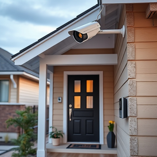 connected smart home with multiple sensors,ai security camera scanning for movement,motion-activated surveillance camera under roof eaves,compact wireless doorbell at urban entry,smart video doorbell on suburban porch