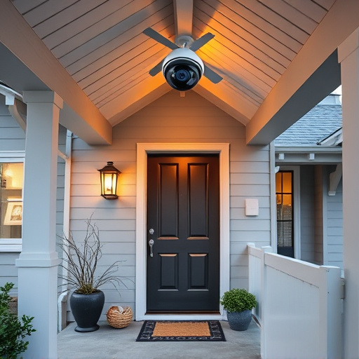 connected smart home with multiple sensors,ai security camera scanning for movement,motion-activated surveillance camera under roof eaves,compact wireless doorbell at urban entry,smart video doorbell on suburban porch