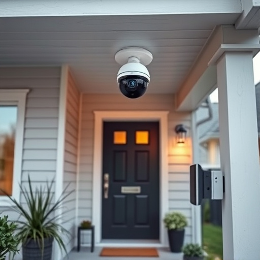 connected smart home with multiple sensors,ai security camera scanning for movement,motion-activated surveillance camera under roof eaves,compact wireless doorbell at urban entry,smart video doorbell on suburban porch