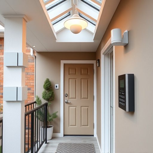 connected smart home with multiple sensors,compact wireless doorbell at urban entry,emergency alert system inside hallway,motion-activated surveillance camera under roof eaves,security keypad on modern apartment wall,smart video doorbell on suburban porch
